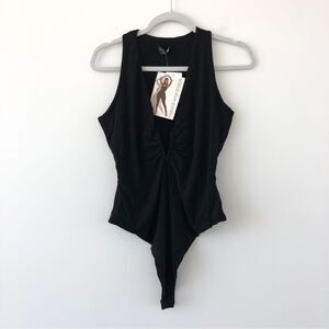 Naked Wardrobe V-notch Bodysuit Sleeveless Ruched Thong in Black Drapey Viscose